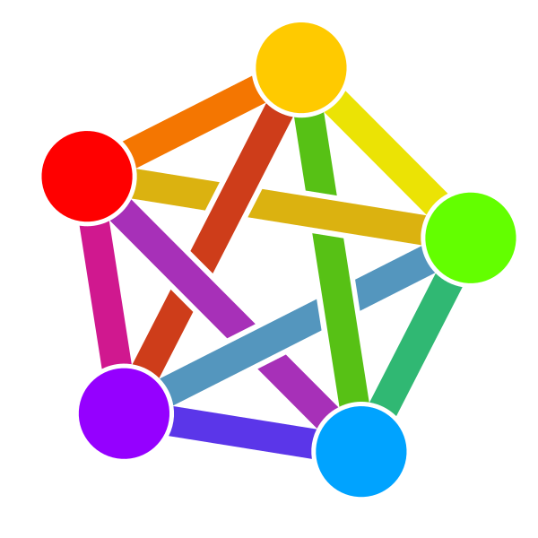 The most commonly used Fediverse logo, a bright multicoloured pentagon with corners marked by dots and lines joining the corners across the middle of the shape.