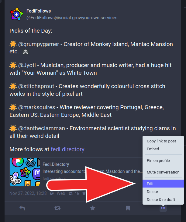 Screenshot of Mastodon web interface with edit button highlighted