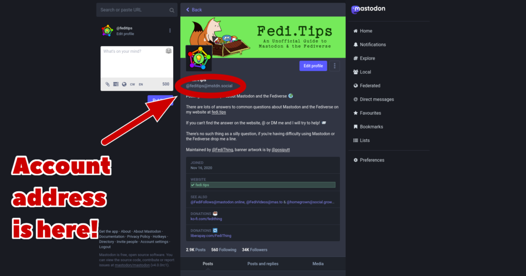 Screenshot of Mastodon web interface with account address highlighted on profile.