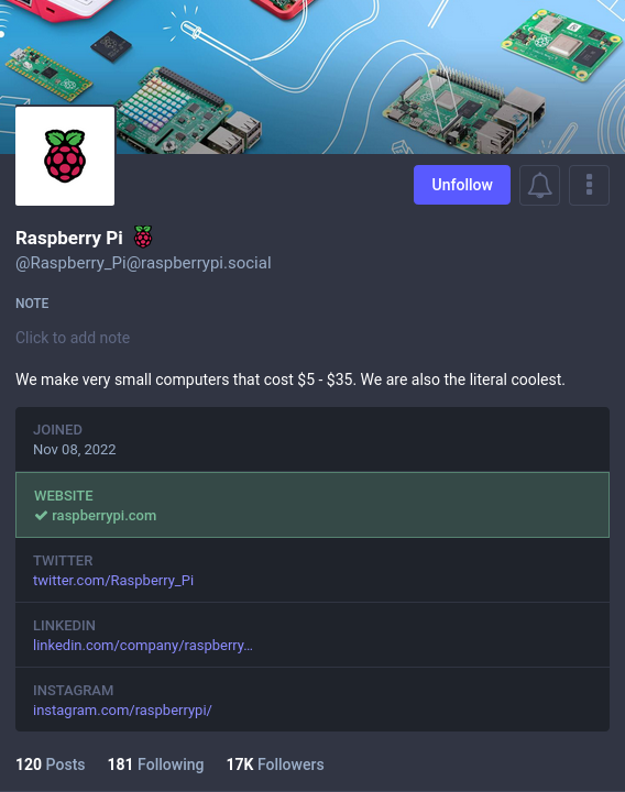 Screenshot of the Raspberry Pi official profile page, showing a correctly verified website address with a dark green background and bright green tick next to it.