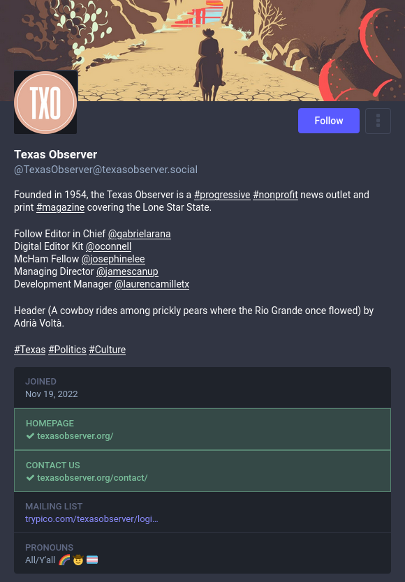Screenshot of the Mastodon profile of the Texas Observer featuring verified official website links in green.