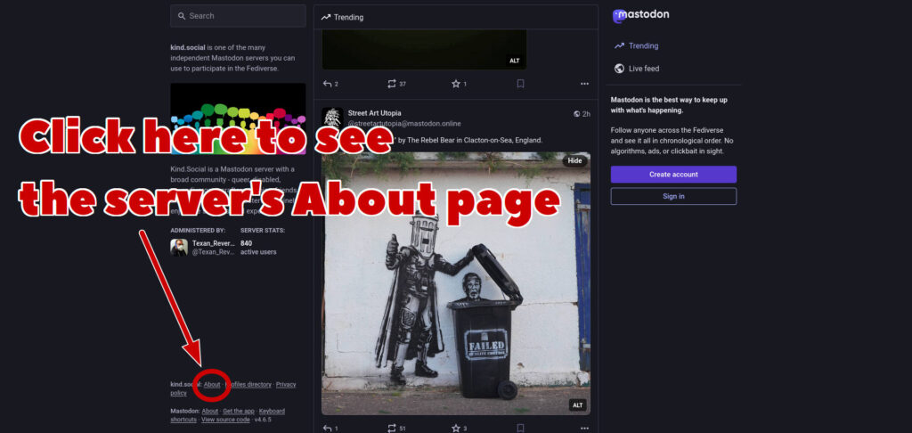 Screenshot of a Mastodon server's desktop web interface, with the link to its About page highlighted in the bottom left corner and the caption "Click here to see the server's About page".