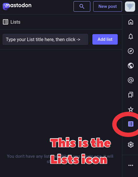 Screenshot of the Lists section of Mastodon's web interface. The List title section is at the top, and the List section's icon is at the right side of the screen as a box with three lines in it.