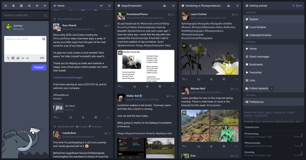 Screenshot of the Mastodon multicolumn advanced web interface, showing five colums with a posting box, timeline, pinned hashtag searches and various links to features.