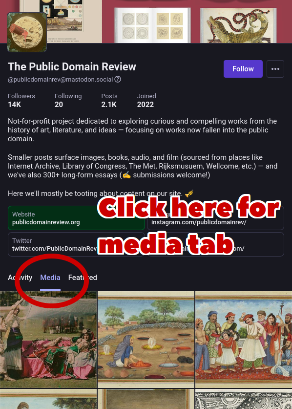 Screenshot of Mastodon profile with media tab option highlighted and selected. The account is for public domain art, and there are various old paintings shown as a grid of images in the media tab.