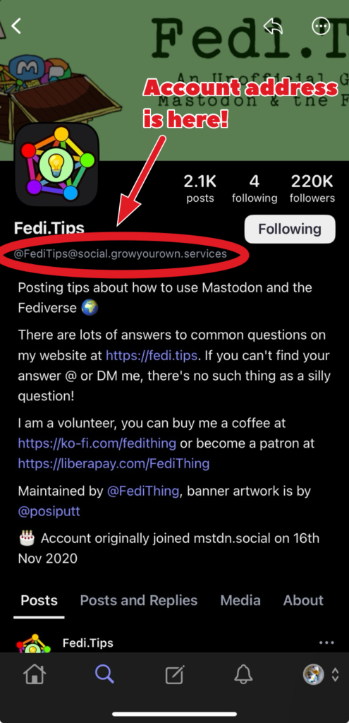 Screenshot of a Mastodon profile as viewed through the official Mastodon app with the account address highlighted.