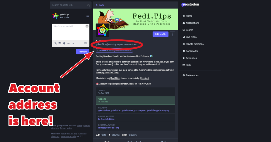 Screenshot of a Mastodon profile viewed through the desktop web interface. The account address has been highlighted on the profile.