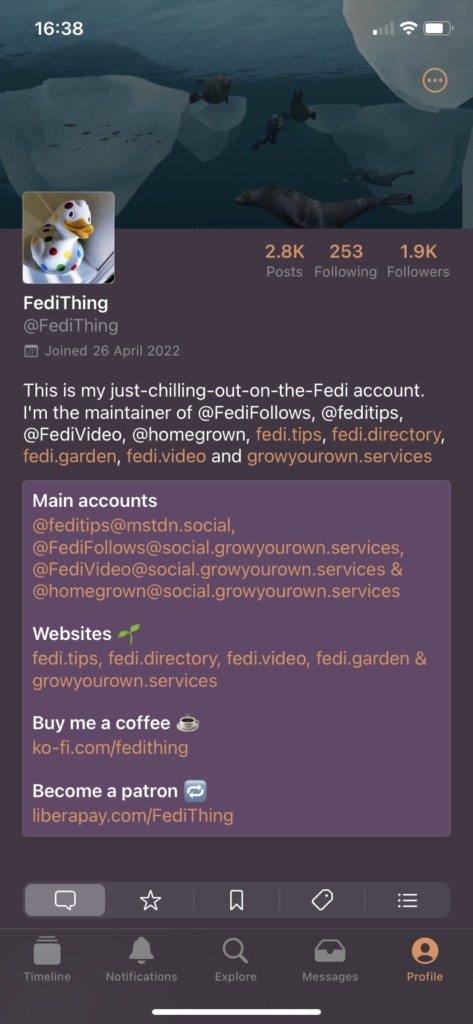 Screenshot of a profile page within the Ice Cubes app with a violet/purple colour scheme.