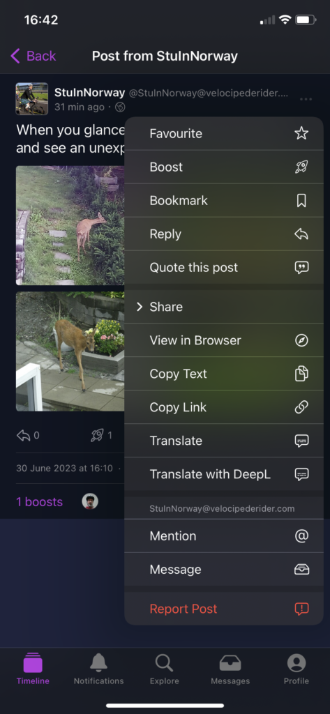 Screenshot of someone else's post with the options menu open. All the usual options from standard Mastodon are there, plus translation options and quote in post option.