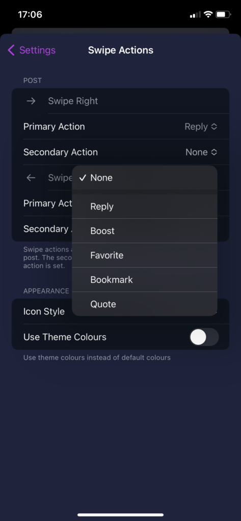 Screenshot of the swipe interface customisation settings screen.