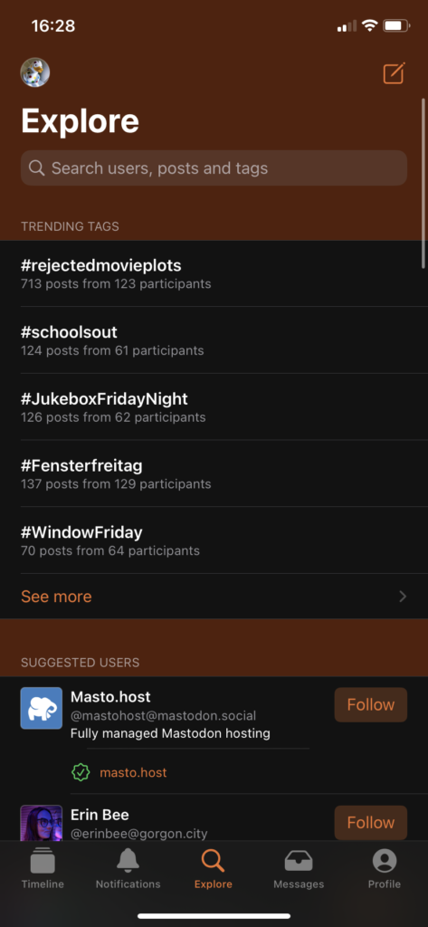 Screenshot of the Explore page showing trending tags, suggested users etc.