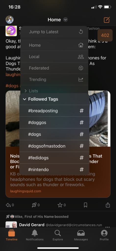 Screenshot of home timeline showing the followed hashtag menu open.