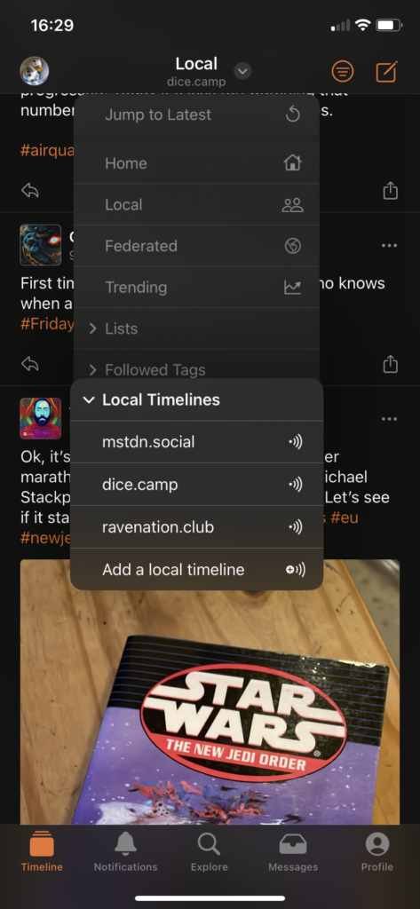 Screenshot of the Local timeline showing the Local timelines menu open, including a selection of other servers whose local timelines can be followed from within the app.
