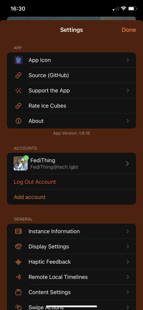 Screenshot of the top of the general settings page with options like display, haptic, remote timelines, content etc.