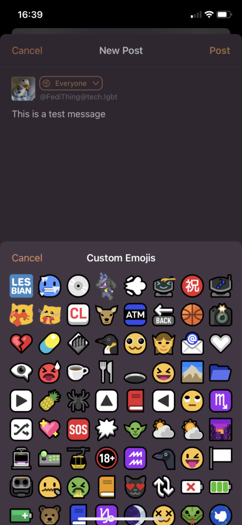Screenshot of the post creation screen in Ice Cubes, with the custom emoji menu open showing lots of emoji in a grid.