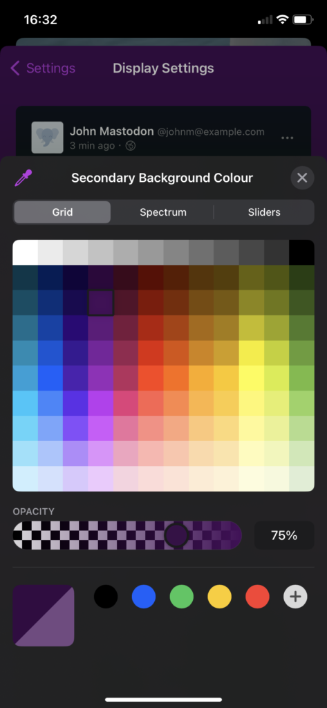 Screenshot of the display settings colour palette selector screen including all colours, shades, sliders, spectrum and transparencies.