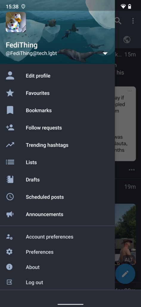 Screenshot of Tusky app for Android showing the main settings screen