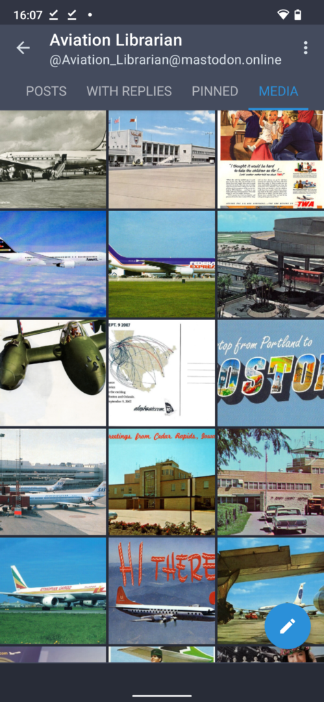 Screenshot of the Aviation Librarian's account's media section showing lots of aeroplane pictures.