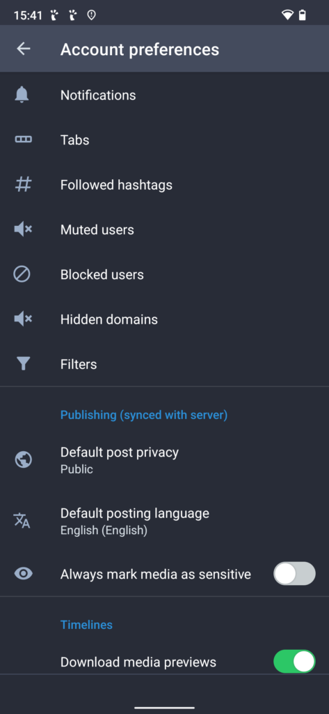 Screenshot of the account preferences menu in Tusky showing many options including Notifications, Tabs, Followed Hashtags, Muted and Blocked Users, Hidden Domains and Filters. More options are below this out of view of the screenshot.