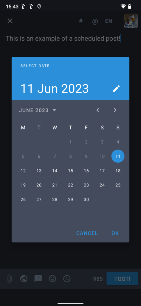 Screenshot of the post scheduling screen in Tusky showing a calendar.