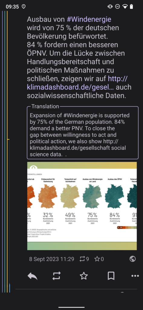 Screenshot of a translated post in a thread in Fedilab. The post is in German and there's a translation of it immediately below in a separate box.