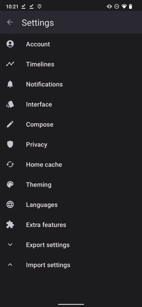 The settings sub-menu in Fedilab, an even wider range of categories to choose from such as interface, theming, timelines, account, compose etc.