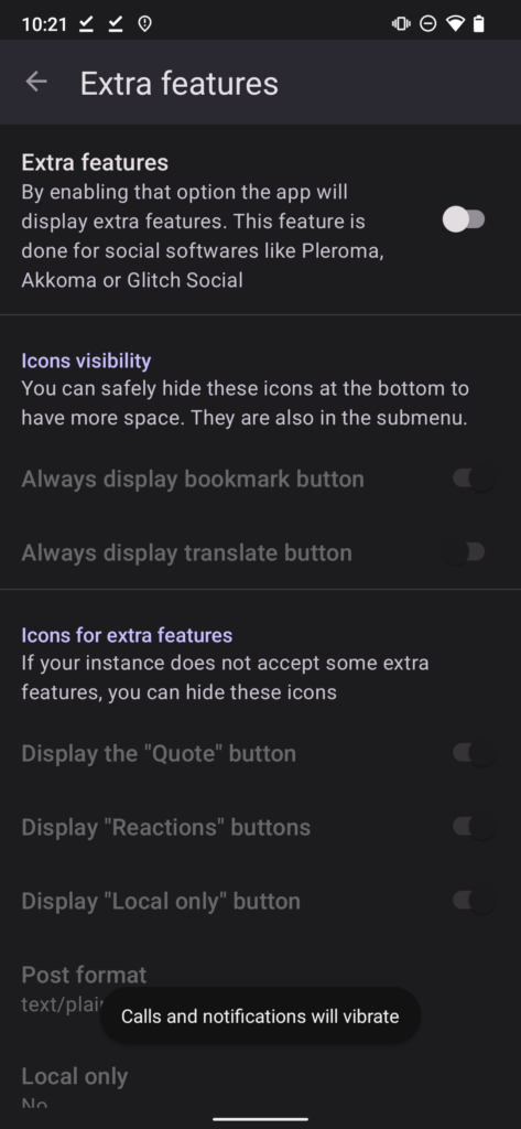 The Extra Features settings page on Fedilab which allows additional features on Mastodon forks and non-Mastodon servers to be accessed through Fedilab's interface.