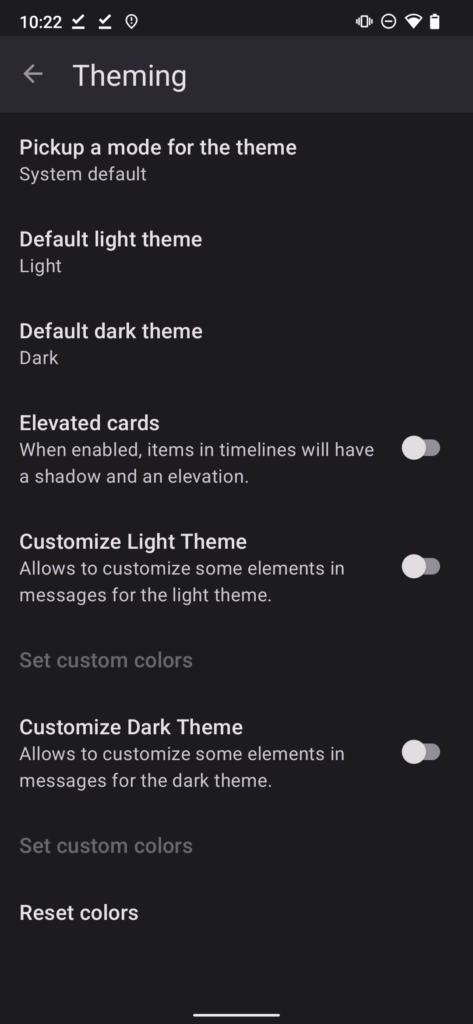 The theme options page on Fedilab.