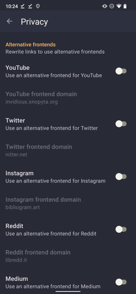 Privacy options page on Fedilab offering to open YouTube, Twitter, Instagram etc links within privacy-friendly alternative front ends.