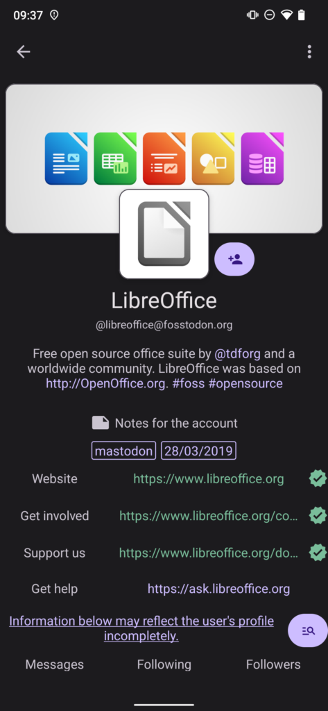 Screenshot of the LibreOffice profile page viewed through Fedilab. The metadata section looks slightly messy.