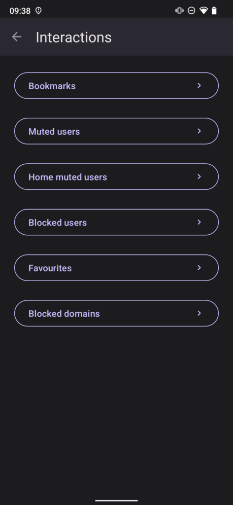 Interactions menu on Fedilab, with various categories including bookmarks, muted users, home muted users, blocked users, favourites etc.