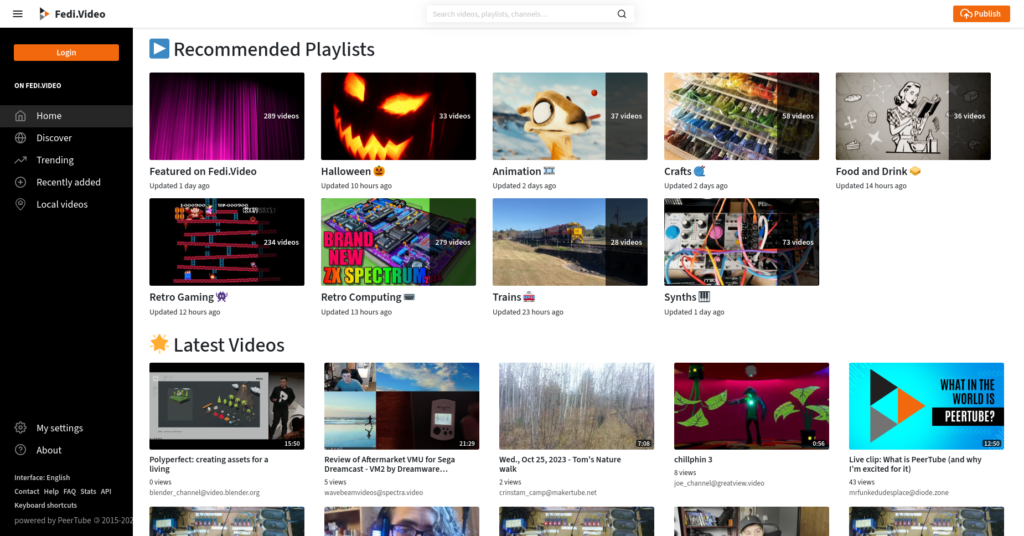 Screenshot of the PeerTube server fedi.video featuring many themed recommended playlists on topics such as animation, food, crafts, retro gaming etc.