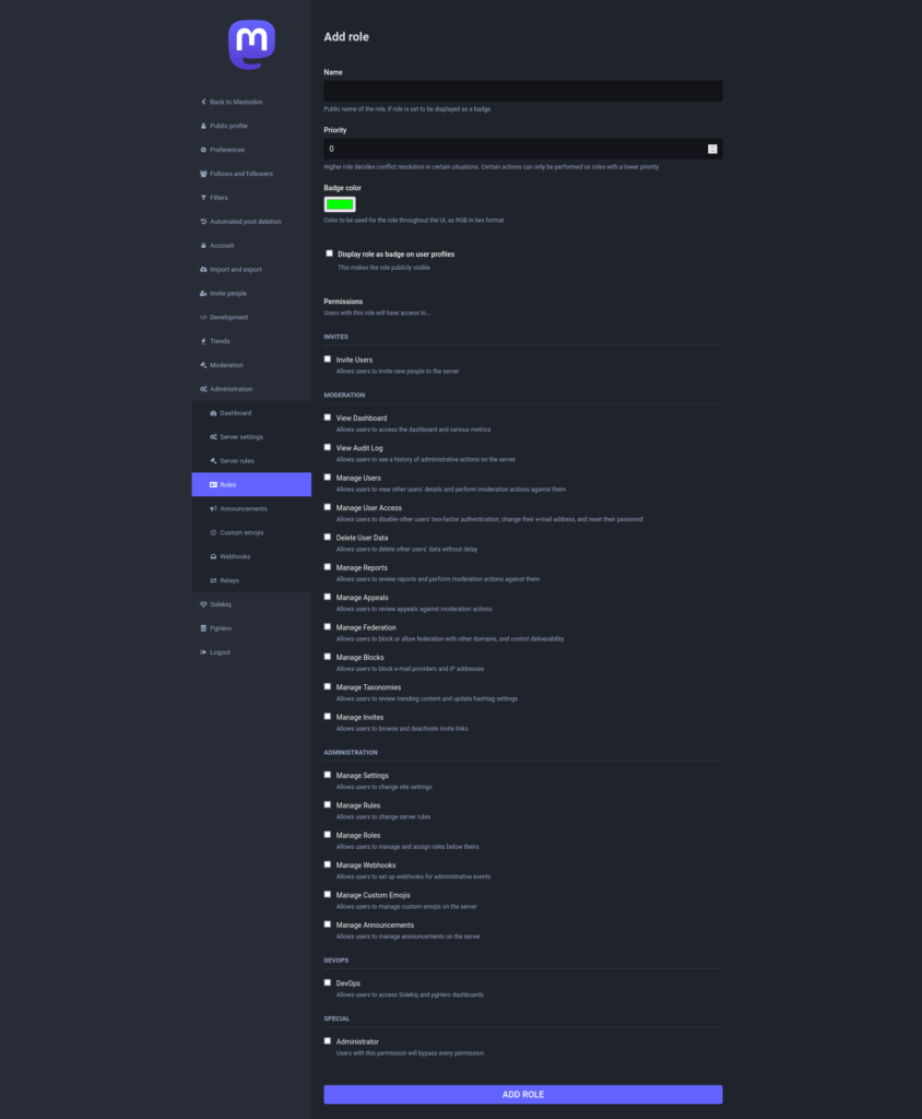 Screenshot of Mastodon's role creation feature, showing a very long list of various abilities that can be assigned to the role such as managing reports, blocking users, creating emoji etc.
