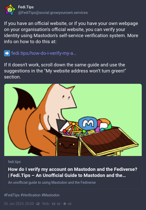 Screenshot of a post from Mastodon with a link in the body of the post and a link preview below the post. The preview has a short text description of the site being linked to, and there's an image in the preview taken from the header of the site being linked to. 