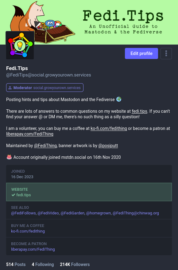 Screenshot of FediTips profile page on Mastodon including a banner image, profile image, text description, joining date, verified link to a website, links to other accounts, links to other websites.