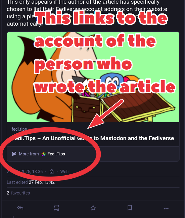 Screenshot of a Mastodon post featuring a link preview. Below the preview is a second link which says "More from..." and has a link to the account of the person who wrote the article being linked to in the preview.