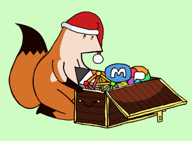 Illustration of a stylised fox wearing a christmas hat opening a treasure chest. Inside the chest are icons of various Fediverse services including Mastodon, Pixelfed and PeerTube as well as the overall Fediverse logo.